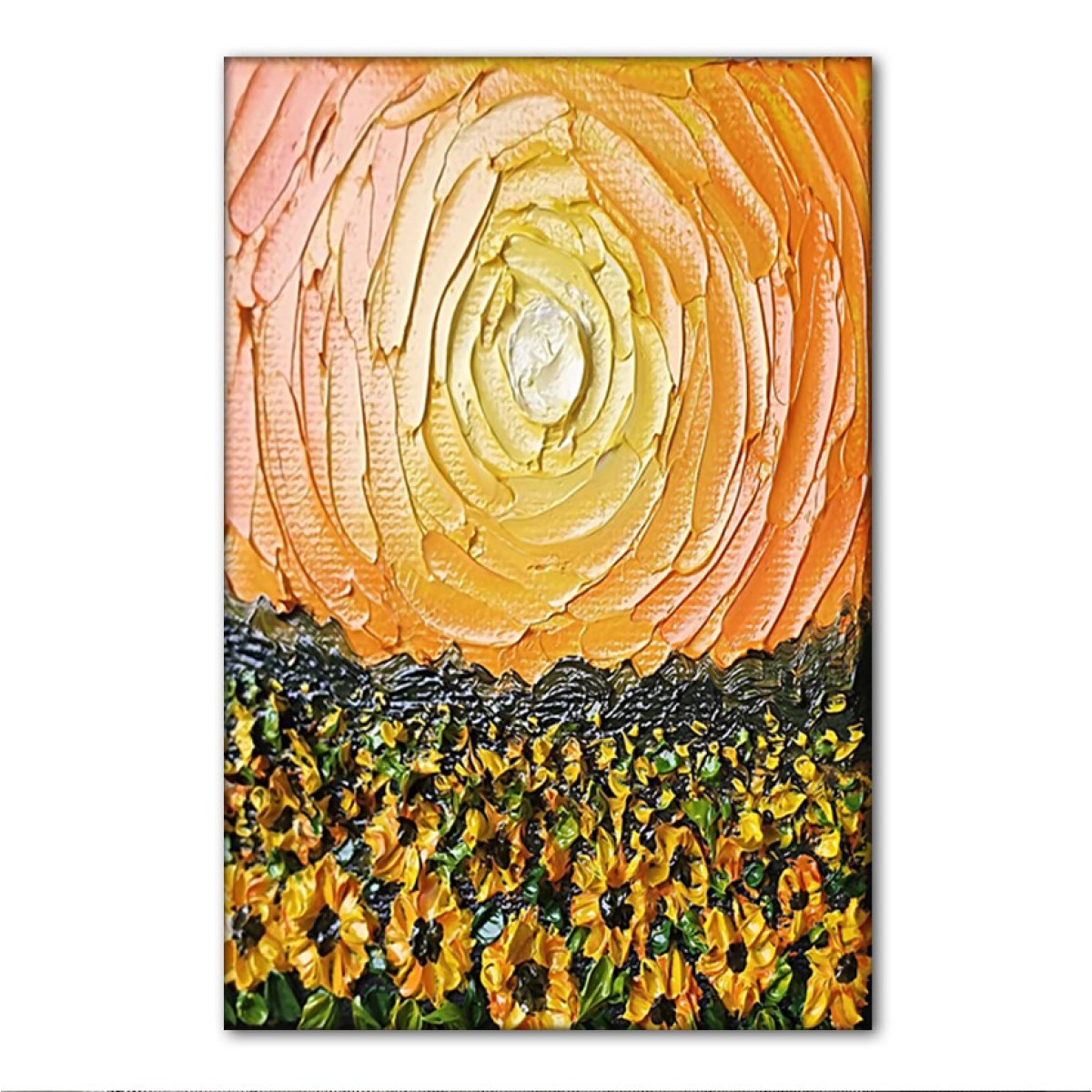 Orange Sun & Sunflowers 3d Heavy Textured Partial Oil Painting